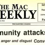 Mac Weekly 2/12/1988 headline, "Mac community attacks racism; Students react with anger and disgust; Convocation called"