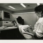 Lisa Lipner Drostova, typing on a computer keyboard during finals, 5/16/1989