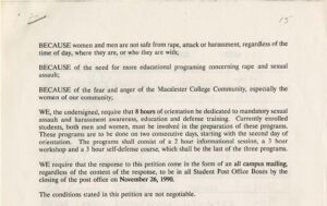 Text of a petition from 1990 asking for mandatory sexual assault and harassment awareness, education, and defense training