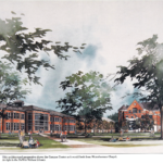 Color watercolor-like rendering showing the front of the new Campus Center Feb 1996