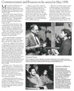 Article about Commencement and Reunion joining in May 1996, as appeared in Macalester Today May 1995