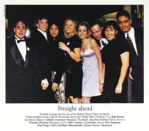 Photo of group of seniors at the Senior Dinner Dance, as appeared in Macalester Today May 1996