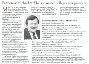 Article about Michael McPherson being named President, in the May 1996 Macalester Today
