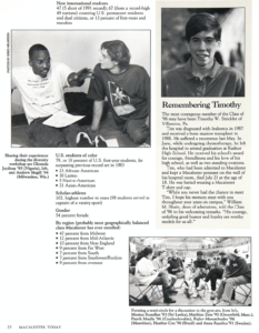 Information in article about Class of 1996 Class Profile, in Macalester Today November 1992