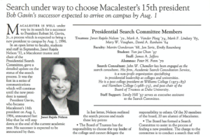 Article about Presidential Search, in Macalester Today November 1995