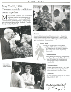 Article about Reunion and Commencement together in 1996, in Macalester Today November 1995