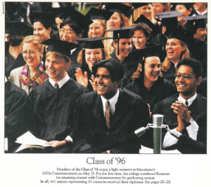 Picture of students in caps and gowns at 1996 Commencement, from the Mac Today