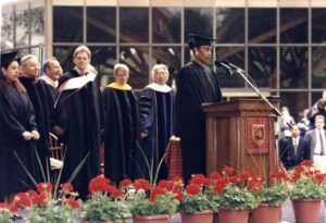 Student speaking at podium at Commencement 1996