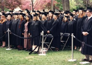 Graduating students in caps and gowns at Commencement 1996