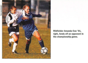Photo of women's soccer with Amanda Cue '01 in Mac Today February 1999
