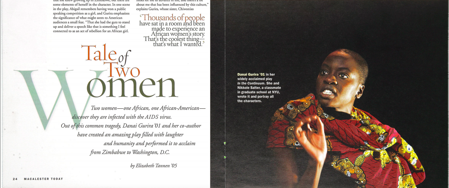 Articled titled "Tale of Two Women" in Mac Today Winter 2006-2007 featuring Danai Gurira '01