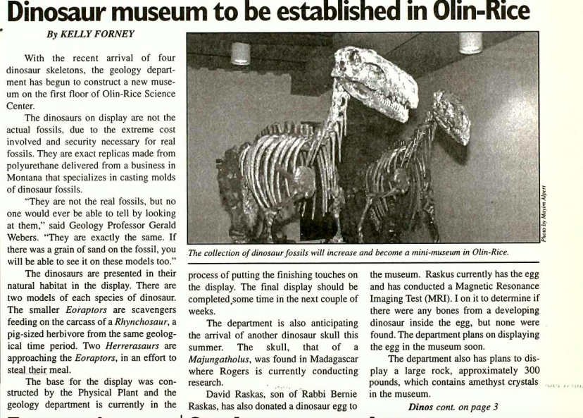 Article titled "Dinosaur museum to be established in Olin-Rice" in Mac Weekly 1999