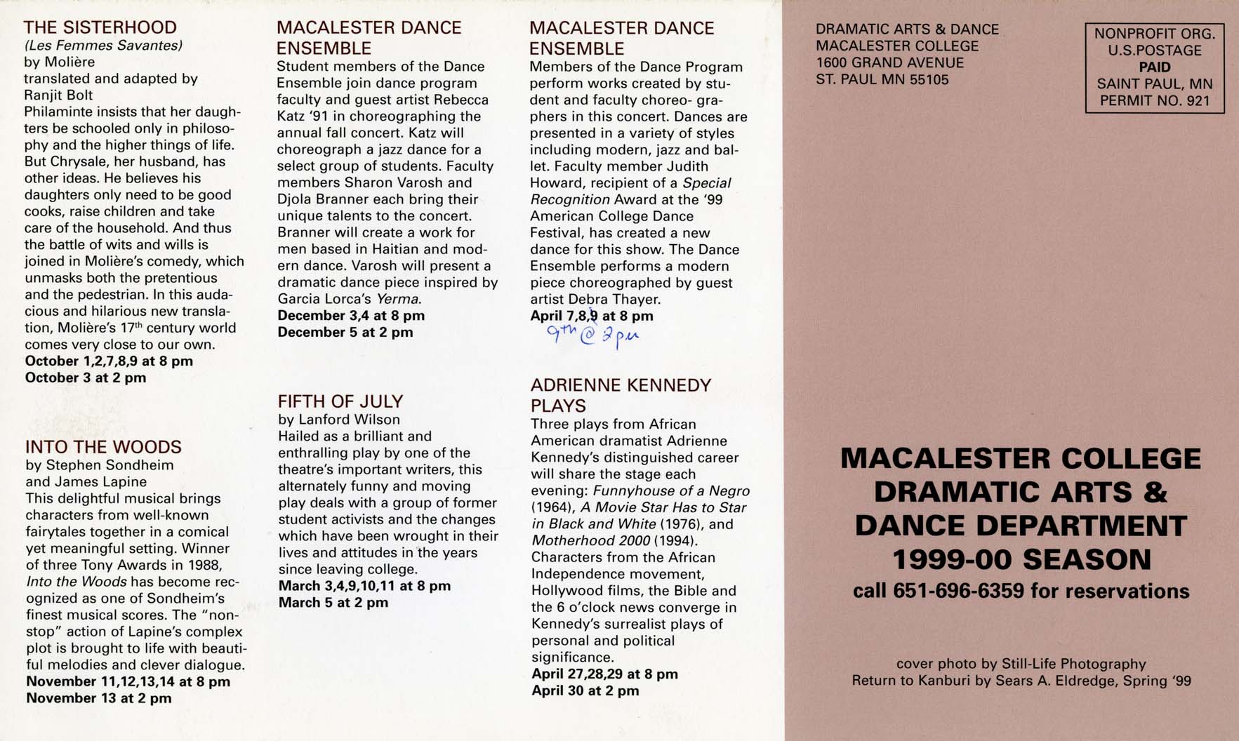 Overview of theater and dance schedule 1999-2000