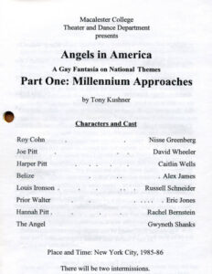 A page from the program for the 2007 production of the Angels in America, showcasing the cast members and their roles.