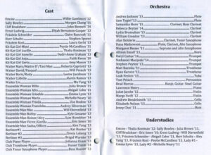 Program from the 2010 production of Cabaret listing the names of the cast and orchestra