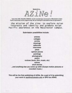 Promo poster for AZine, asking for submissions to raise explore and raise awareness about Asian and Asian Pacific interests and identity