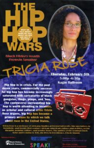 A poster promoting the Black History Month Keynote Speaker, Tricia Rose