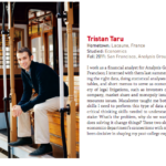An image of Tristan Taru class of 2011 with text announcing he is working as a financial analyst for Analysis Group after graduating from Macalester.