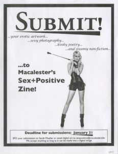 Flyer for a Sex Positive Zine asking students to submit material