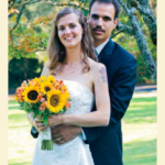Wedding photo: Manon holding bouquet of sunflowers, Jorge standing behind her