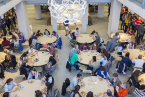 overhead view of students eating in the Smail gallery