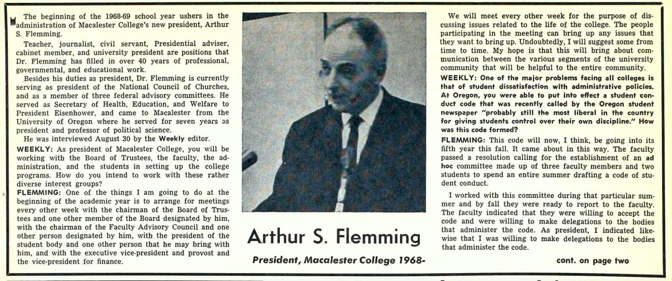 The Mac Weekly, September 13, 1968. Interview with President Flemming.