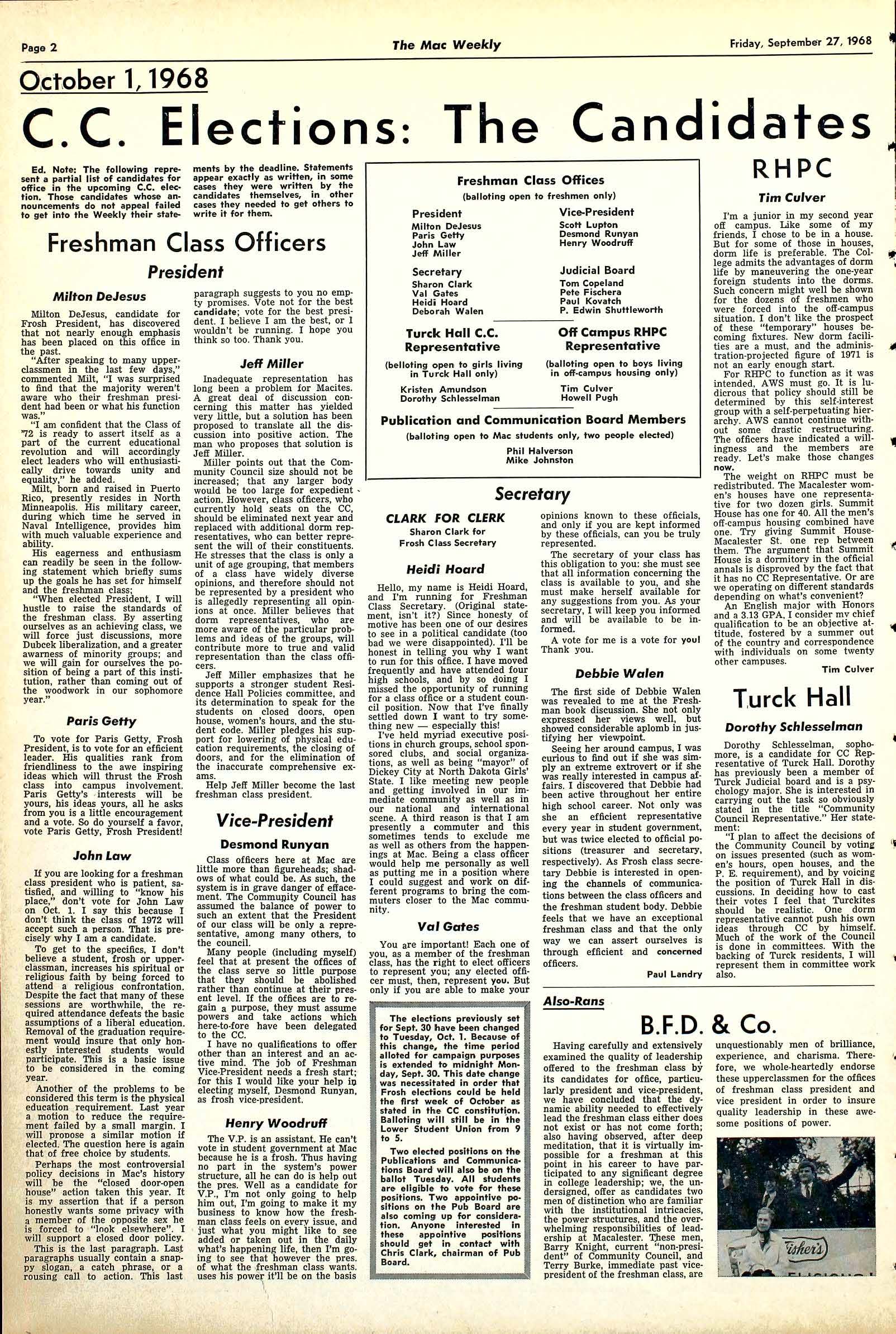 The Mac Weekly, September 27, 1968. Freshman Class Elections.