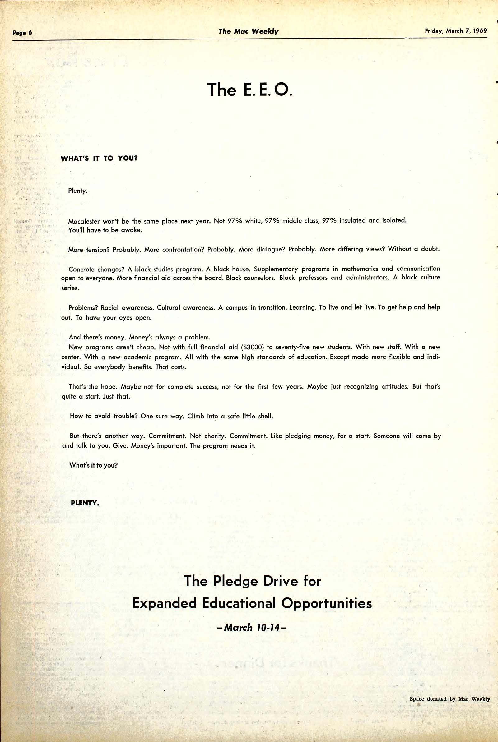 The Mac Weekly, March 7, 1969. EEO Pledge Drive.