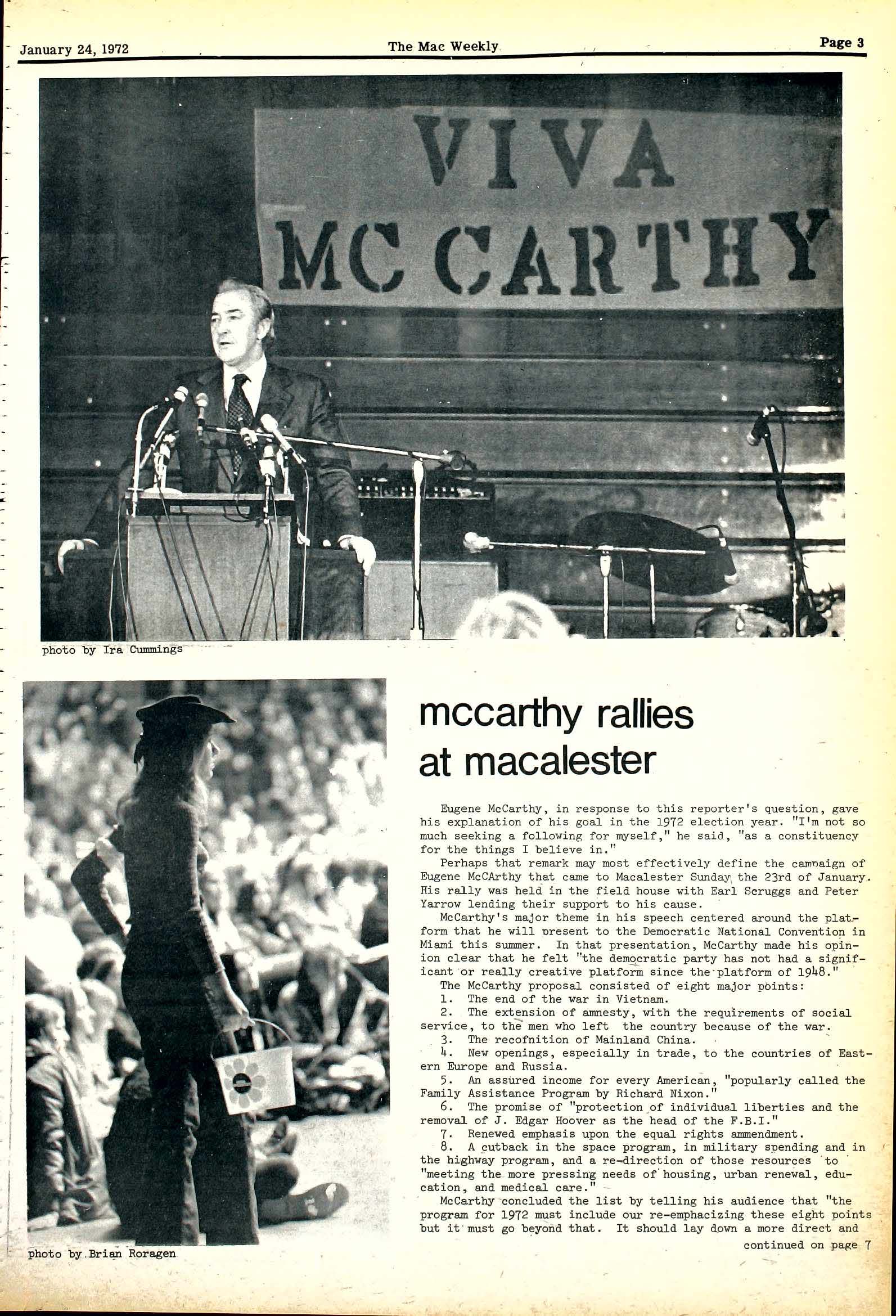 The Mac Weekly, January 24, 1972. McCarthy Rallies at Mac.