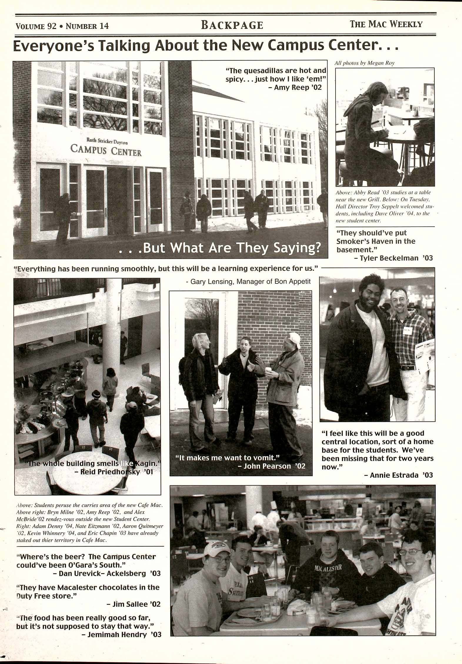 The Mac Weekly, February 9, 2001. Everyone's Talking About the New Campus Center.