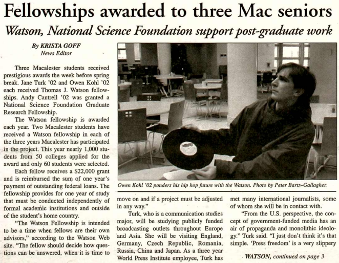 The Mac Weekly, April 5, 2002. Fellowships Awarded to Three Mac Seniors.