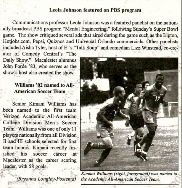 The Mac Weekly, February 8, 2002. Kimani Williams, All-American Soccer Team.