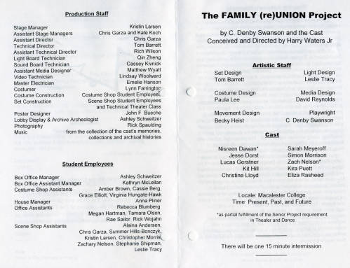 Theatre and Dance Collection. Excerpt from the program for The Family (re) Union Project, 2003-4