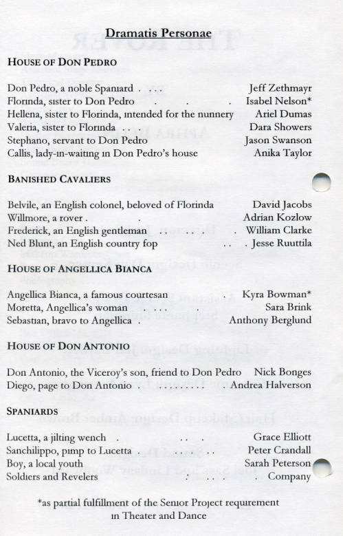 Theatre and Dance Collection. Excerpt from the program for The Rover, 2003-4
