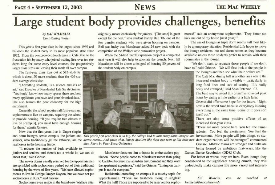 The Mac Weekly, September 12, 2003. Large student body provides challenges, benefits.