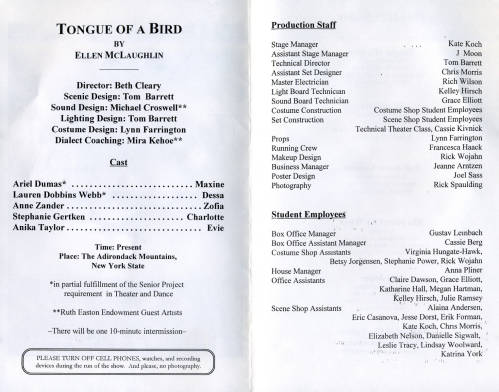 Theatrea and Dance Collection. Excerpt from the program for Tongue of a Bird, 2004-5