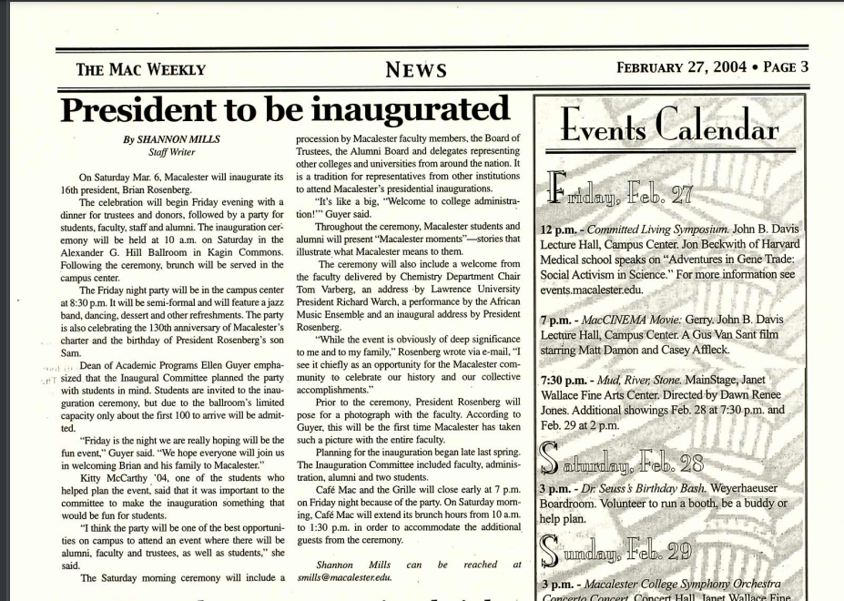 The Mac Weekly, February 27, 2004. President to be Inaugurated.