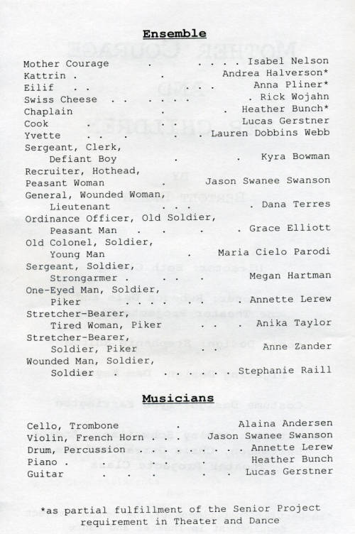 Theatre and Dance Collection. Excerpt from the program for Mother Courage and Her Children, 2003-4