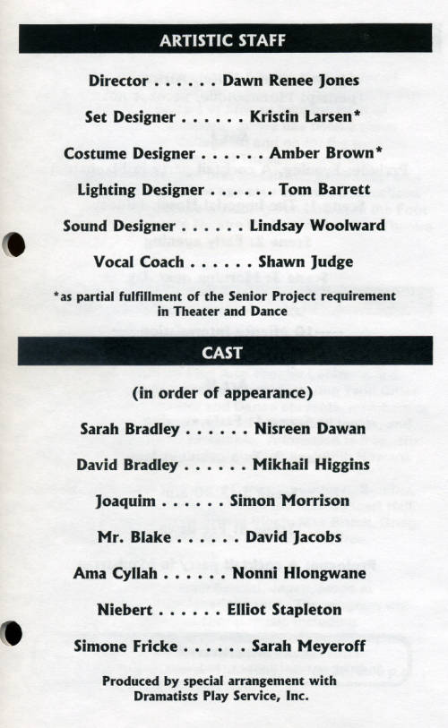 Theatre and Dance Collection. Excerpt from the program for Mud, River, Stone, 2003-4
