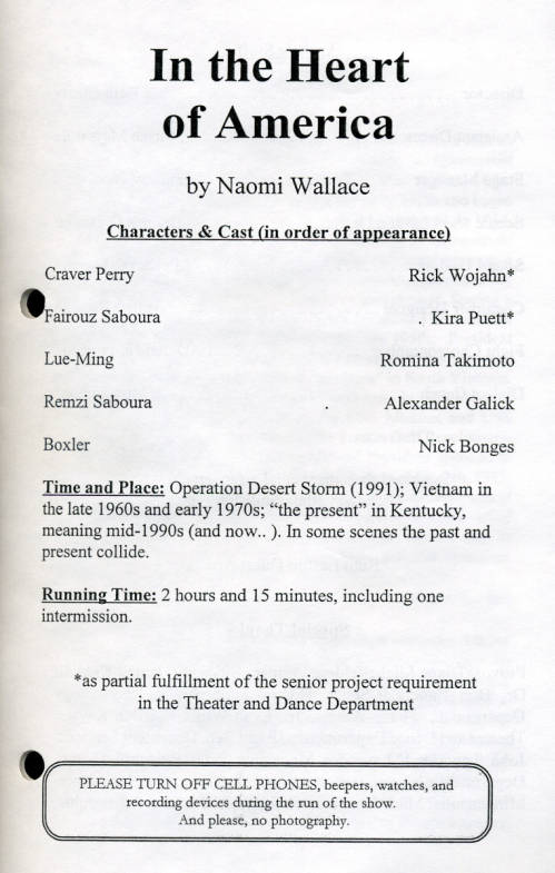 Theatre and Dance Collection. Excerpt from the program for In the Heart of America, 2005-6