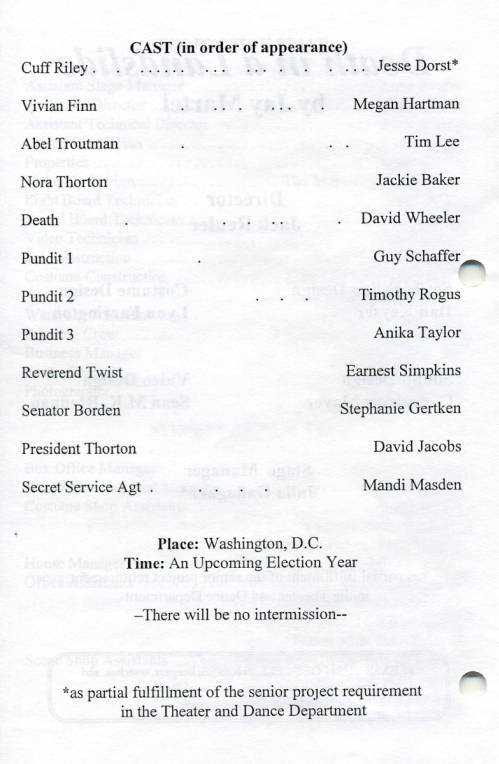 Theatre and Dance Collection. Excerpt from the program for Death in a Landslide, 2005-6