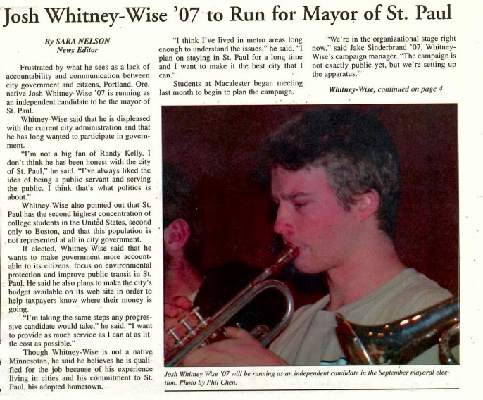 The Mac Weekly, March 4, 2005. Josh Whitney-Wise for Mayor.