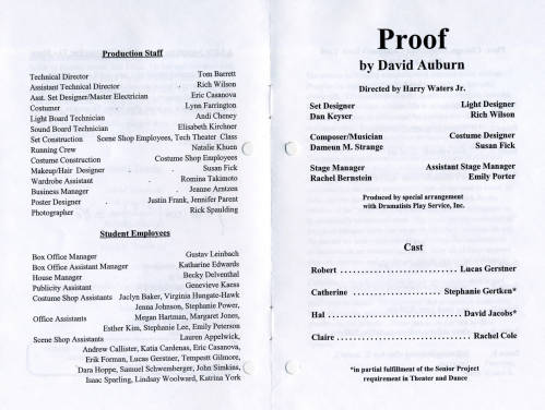 Theatre and Dance Collection. Excerpt from program for Proof, 2006-7