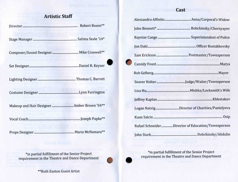 Theatre and Dance Collection. Artistic Staff and Cast List for The Governor Inspector, November 2013.