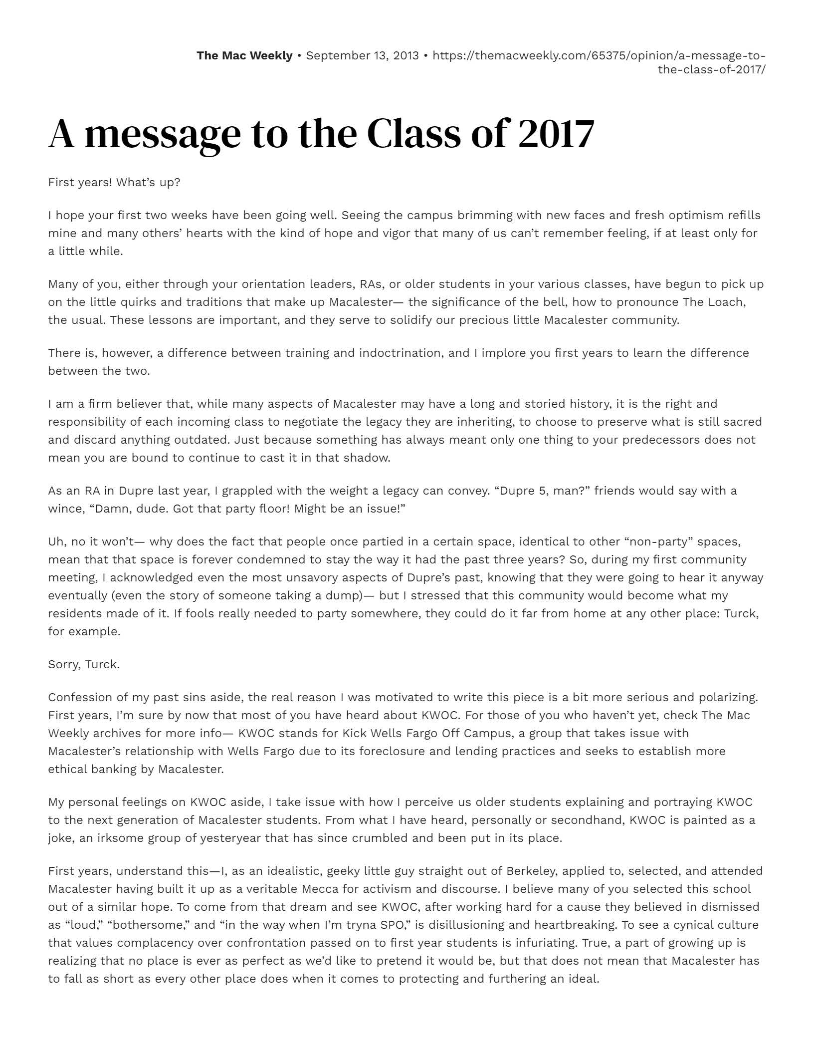 The Mac Weekly, September 13, 2013. A message to the Class of 2017.